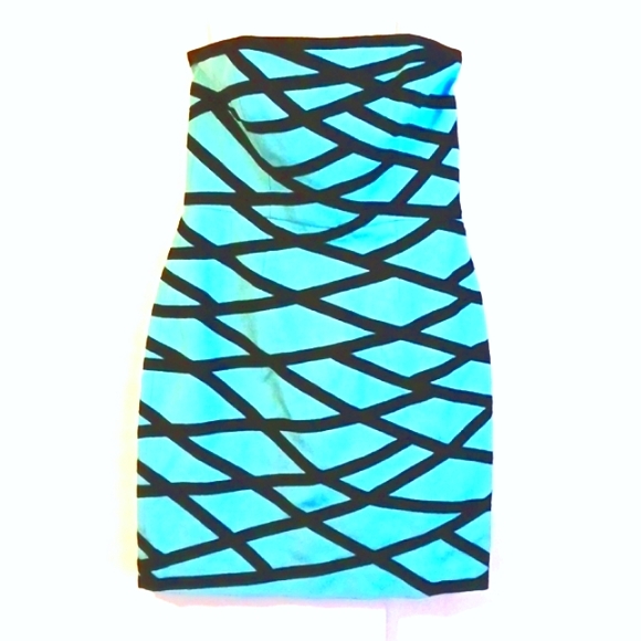 Cynthia Steffe Strapless Aqua Blue & Black Criss Cross Design Dress Size 6 (NWT) - Picture 1 of 5